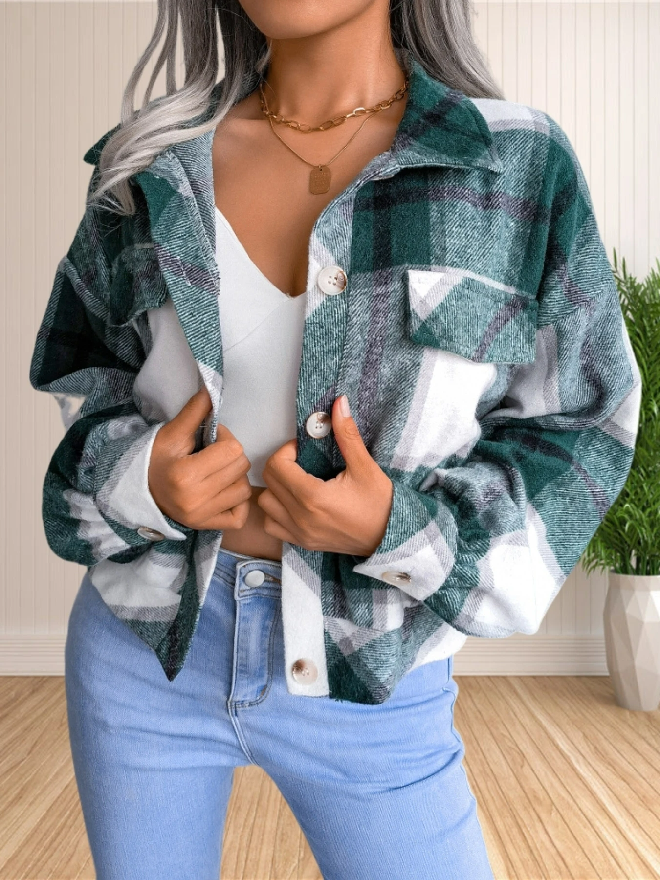 Cropped Plaid Flannel Jacket