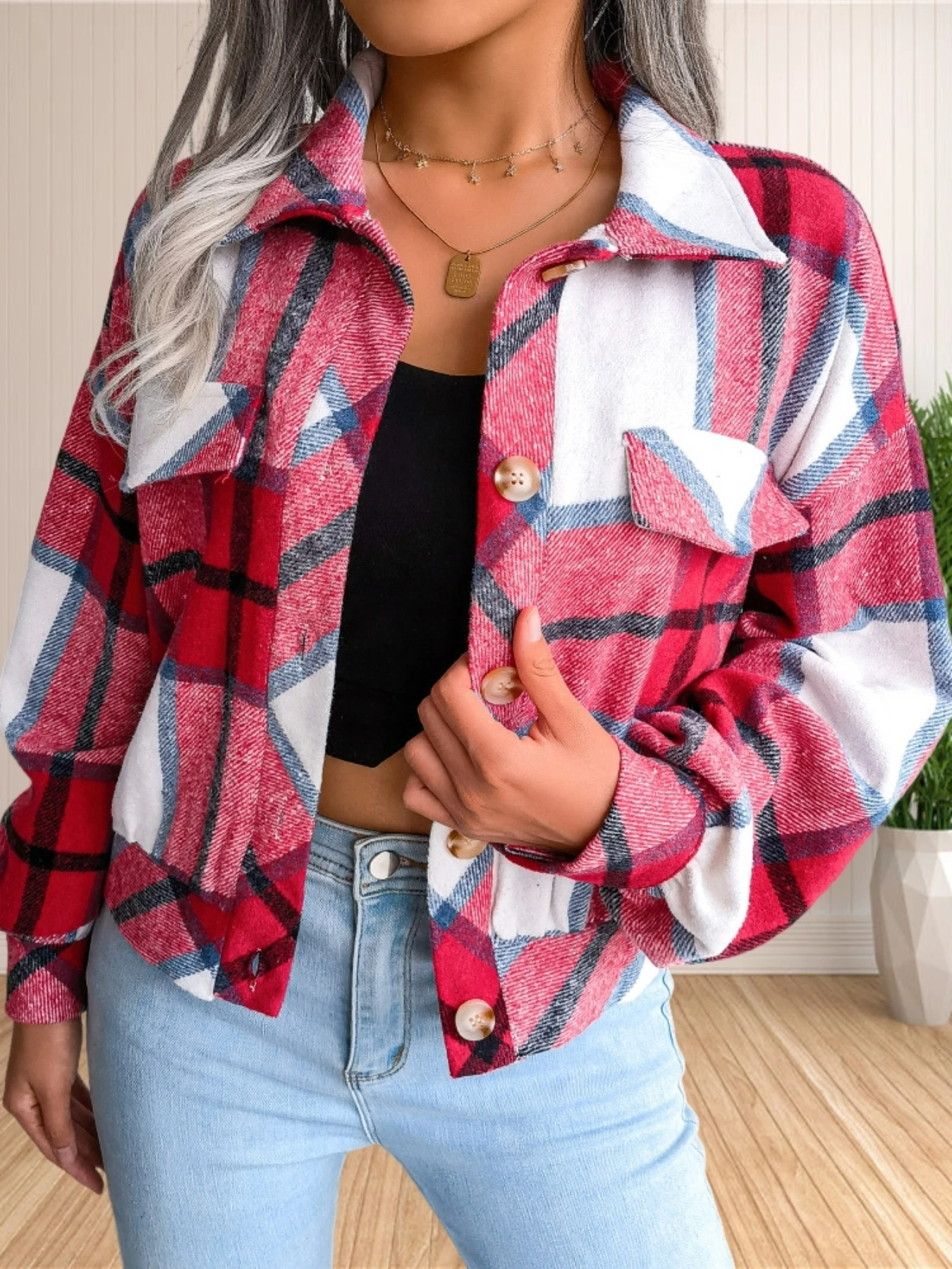 Cropped Plaid Flannel Jacket